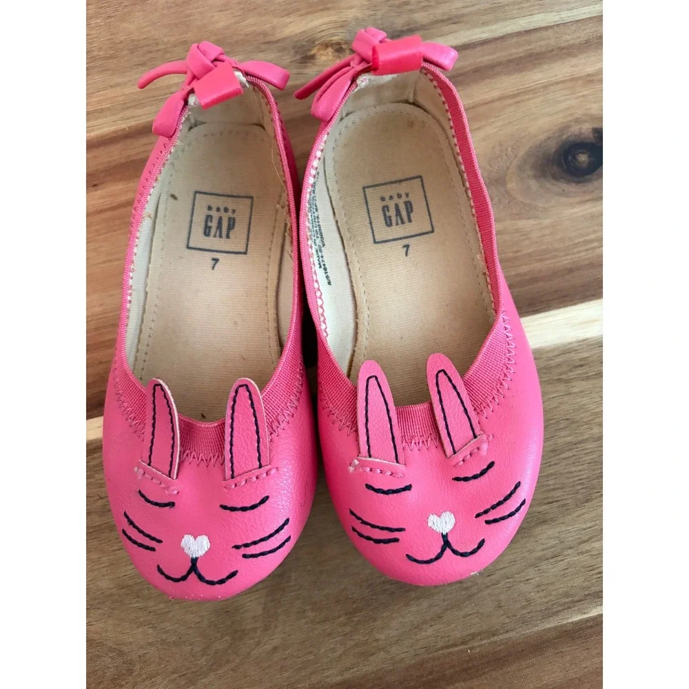 Girls BABY GAP Size 7 Toddler Hot Pink Bunny Ballet Flats Shoes EUC